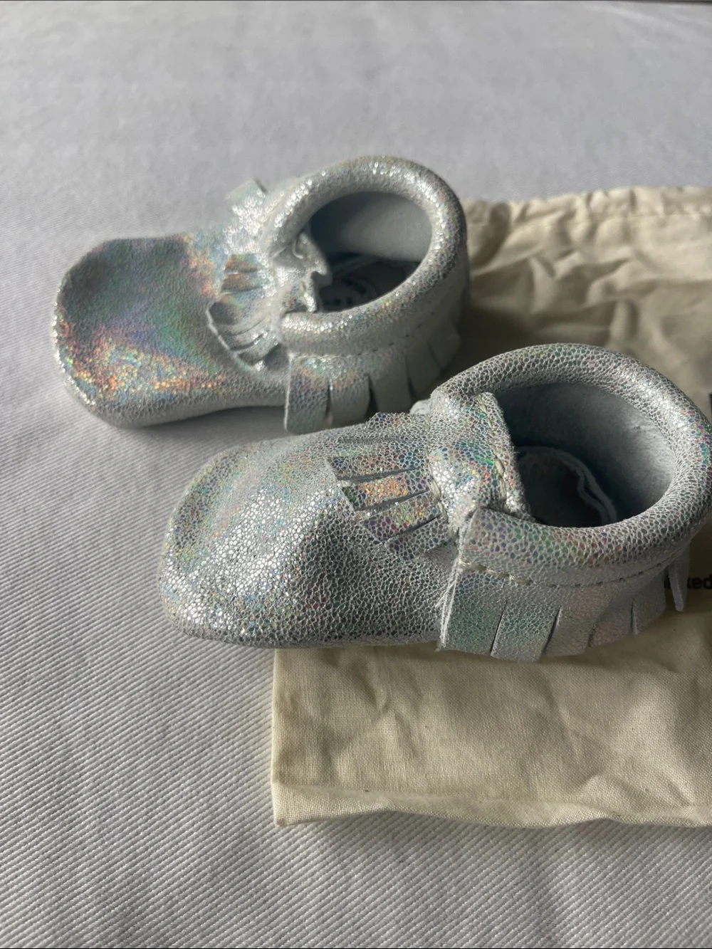 NWOT Freshly Picked Size 2 Silver Holographic Moccasins